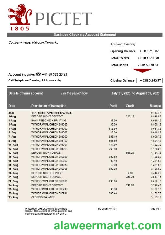 Pictet Bank firm account statement Word and PDF template